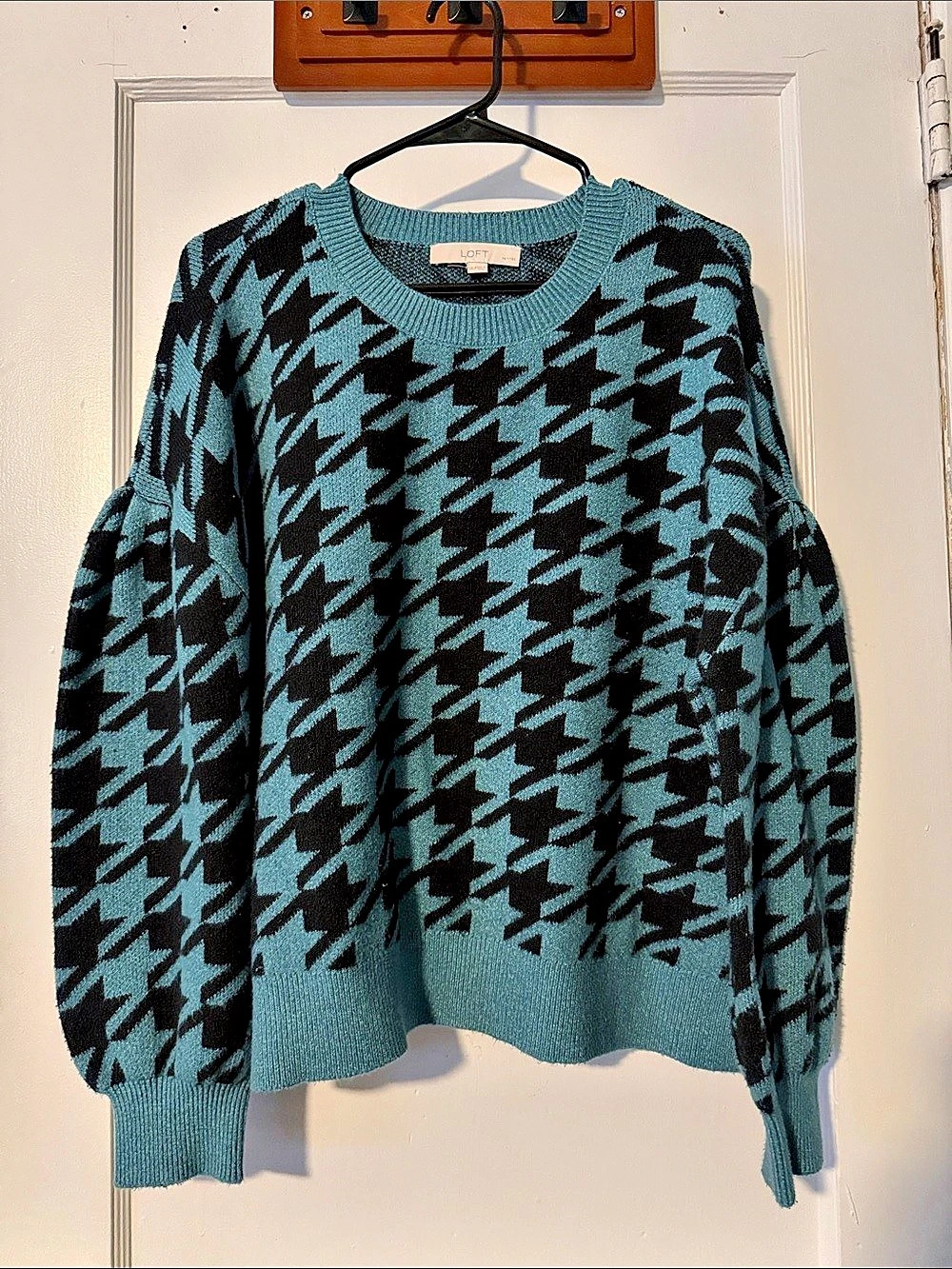 LOFT Houndstooth Crewneck Sweater in Green & Black XXL Petite